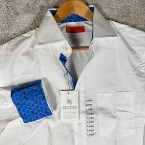 NWT Kevins Mens L White Bobwhite Quail Trimmed Dress Shirt Long Sleeve Button Up